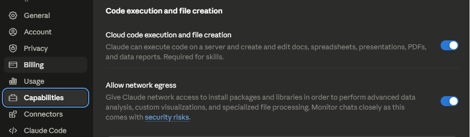 Settings → Capabilities: включённые Cloud code execution и Allow network egress
